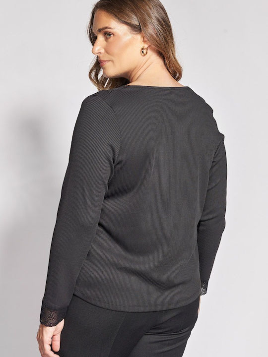 Дамска Блуза Дълъг Ръкав с V-образно Деколте Черна