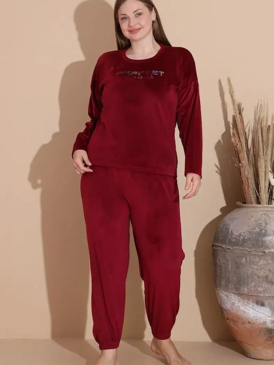 Boyraz Зимен Дамски Комплект Памучна Пижама Вишнев Червен