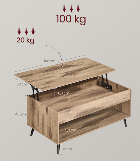 Rectangular Central Coffee Table Wooden with Lifting Mechanism MDF L100xW50xH45cm