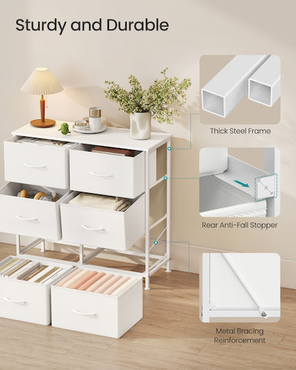 Chest of Drawers for Bedroom in Wood & Metal with 6 Drawers White with Fabric Covering 76.7x30x74.7cm