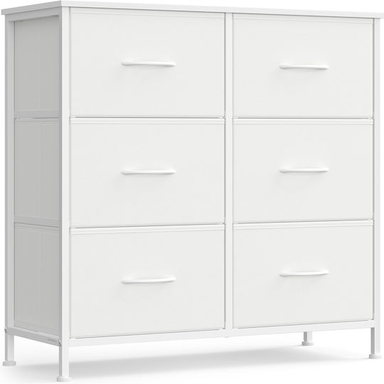 Chest of Drawers for Bedroom in Wood & Metal with 6 Drawers White with Fabric Covering 76.7x30x74.7cm