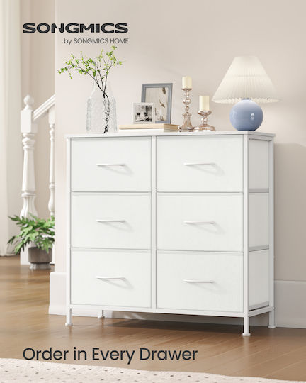 Chest of Drawers for Bedroom in Wood & Metal with 6 Drawers White with Fabric Covering 76.7x30x74.7cm