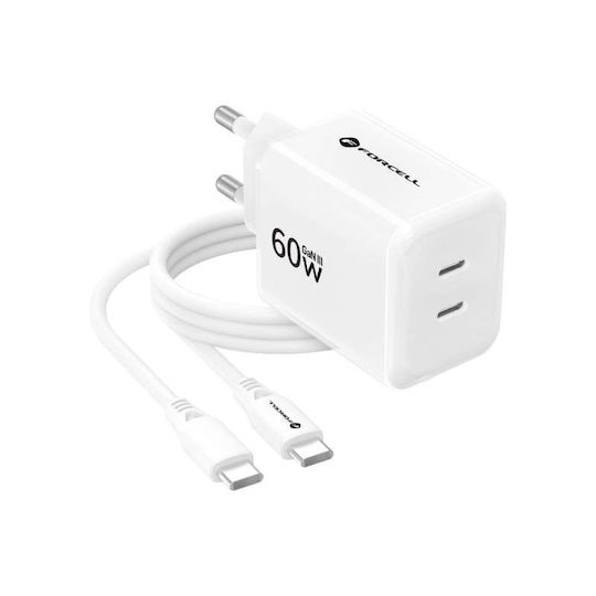 Forcell Φορτιστής GaN με 2 Θύρες USB-C και Καλώδιο USB-C - USB-C 60W Power Delivery / Quick Charge 4.0 Λευκός (F-Energy)