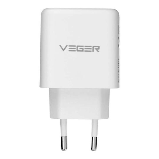 Veger Φορτιστής με Θύρα USB-A και Θύρα USB-C και Καλώδιο USB-C - USB-C 65W Power Delivery / Quick Charge 3.0 Λευκός (TR67)