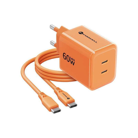 Forcell GaN Зарядно Устройство с 2 USB-C Изходни Порта и Кабел USB-C - USB-C 60W Power Delivery / Quick Charge 4.0 Оранжев (F-Energy)