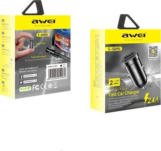 Awei Car Charger 12W 2.4A with 2xUSB-A Black Color