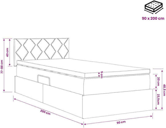Wall Bed Single Upholstered with Fabric Dark Grey with Slats and Mattress 90x200cm