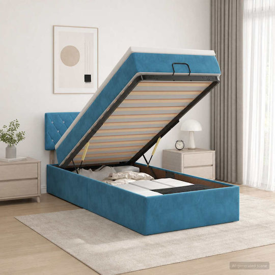 Single Bed Upholstered with Velvet Dark Blue with Slats and Mattress 90x200cm