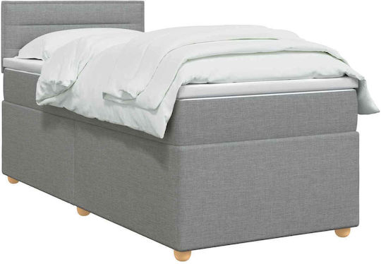 Pat Single Tapițat cu Material Gri Deschis cu Plăci și Saltea 80x200cm