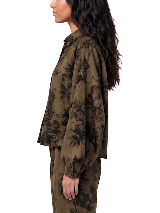 Long Sleeve Women's Shirt Black-Khaki Floral