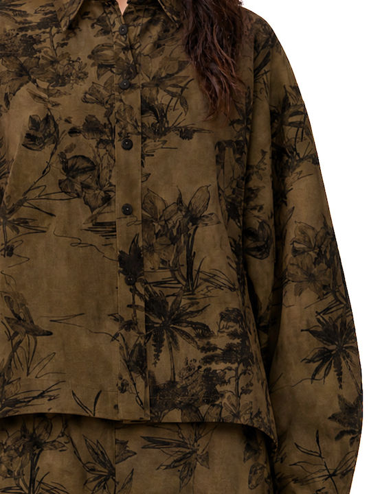 Long Sleeve Women's Shirt Black-Khaki Floral