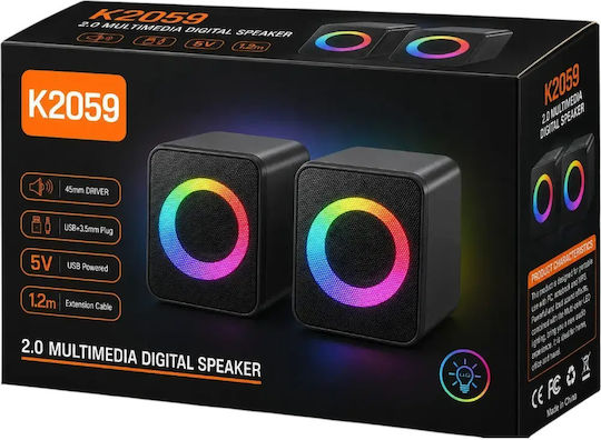K2059 Компютърни говорители 2.0 с RGB осветление и мощност 6W Черни