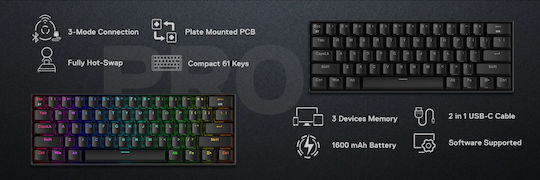 Redragon K530 Draconic Pro Безжично Гейминг Механично Клавиатура 60% с Кафяво по Поръчка Управление и RGB Осветление International English
