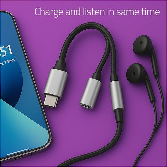 Qoltec Адаптер 2-в-1 USB-C USB-C 3.5 мм жак PD 15W 10 см алуминий