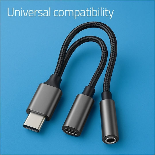 Qoltec Адаптер 2-в-1 USB-C USB-C 3.5 мм жак PD 15W 10 см алуминий