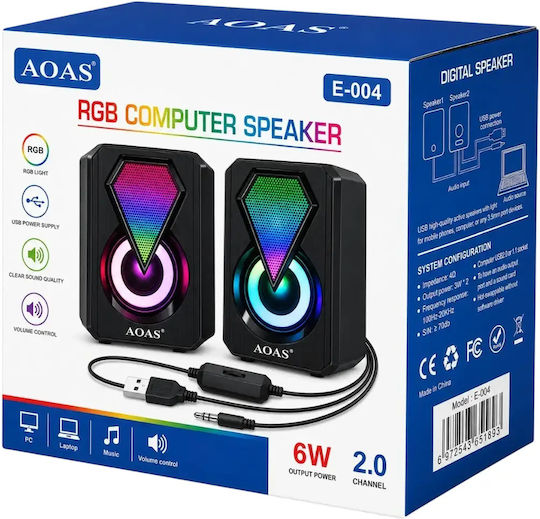 Aoas E-004 Computerlautsprecher 2.0 mit RGB-Beleuchtung in Schwarz Farbe