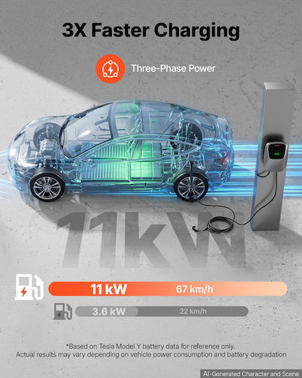 Vevor Επιτοίχιος Τριφασικός Φορτιστής 11kW με Ενσωματωμένο Καλώδιο 7.5m Type 2 (OZSXJLD11KWC7GRNA001V8)