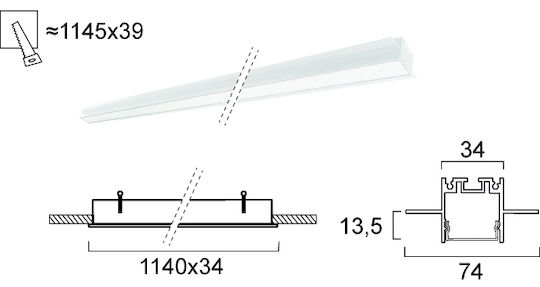Viokef L1140 Commercial Linear Recessed LED Ceiling Light 30W Warm White 114cm