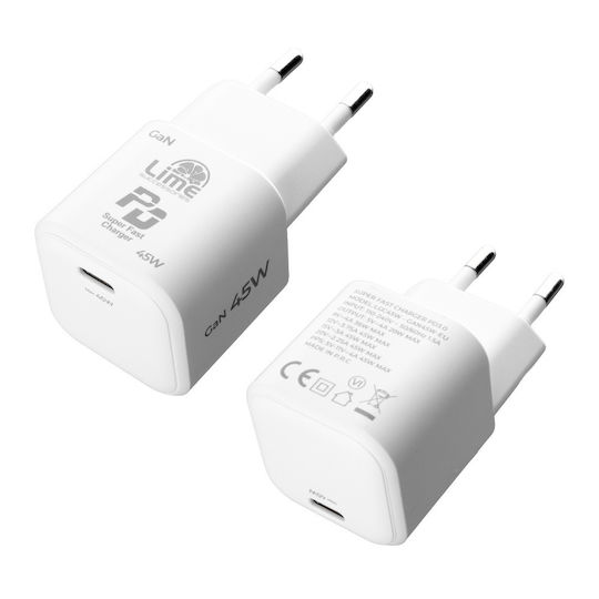 Lime Charger Without Cable GaN with USB-C Port 45W Power Delivery / Quick Charge 3.0 White Super Fast