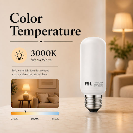 Lightplanet Bec LED 6.5W Pentru Bază De Bec E27 și Formă T10 Alb Cald