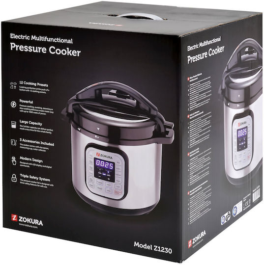 Zokura Z1230 Electric Pressure Cooker 1000w 5.6l 12 Programs Keep Warm Function Black Silver