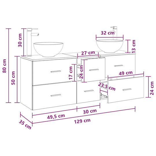 vidaXL Πάγκος χωρίς Νιπτήρα Μ49.5xΒ35xΥ63cm Γκρι Sonoma