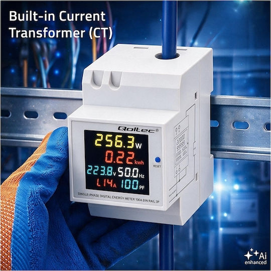 Qoltec 6-in-1 Einphasiges Digital Energieverbrauchs-Messgerät Din-Schiene Montage 230 V 100 A LCD Ct 3p