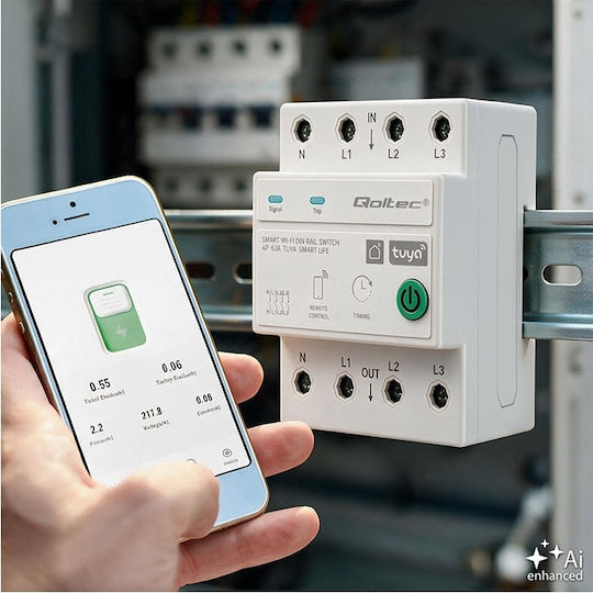 Qoltec 63 A Dreiphasen-Relais DIN-Schiene 3p+n Timer Wi-Fi Tuya Smart Life Amazon Alexa 4p
