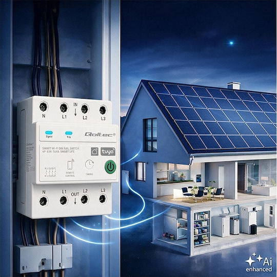 Qoltec 63 A Dreiphasen-Relais DIN-Schiene 3p+n Timer Wi-Fi Tuya Smart Life Amazon Alexa 4p