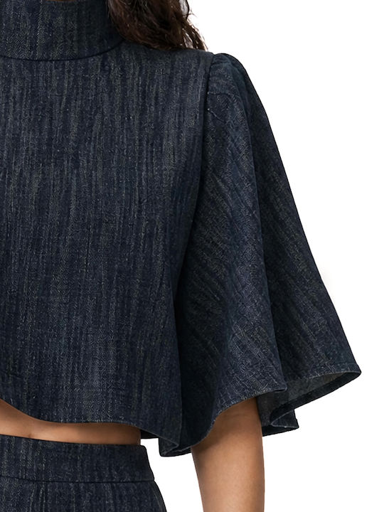 Дамски Crop Top Памучен с Цип Син