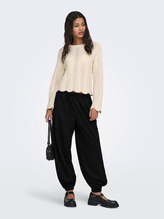 Women's Fabric Trousers with Rubber Band in Loose Fit Black
