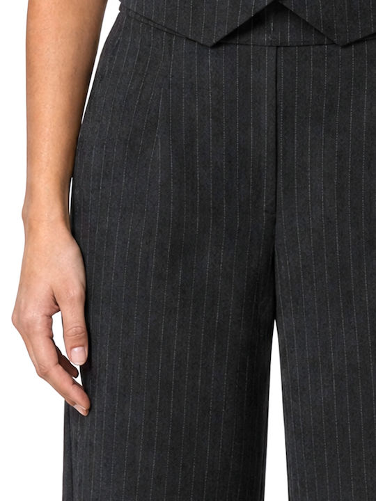 Women's High Rise Fabric Trousers with Rubber Band Striped Grey