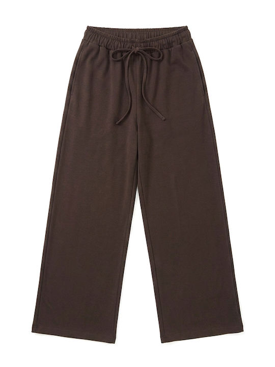 Pantaloni Dama Talie Inalta cu Elastic in Linie Wide Maro