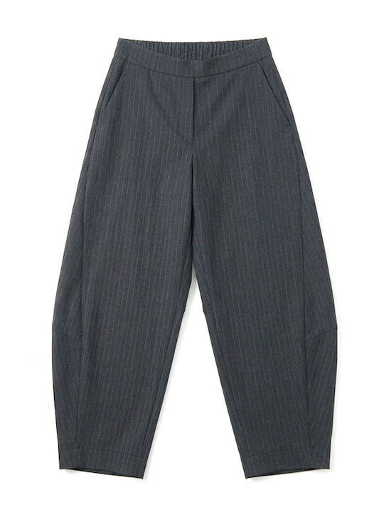 Women's High Rise Fabric Trousers with Rubber Band Striped Grey