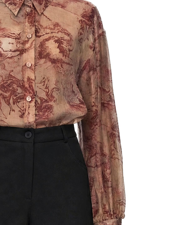 Long Sleeve Women's Shirt Beige-Burgundy