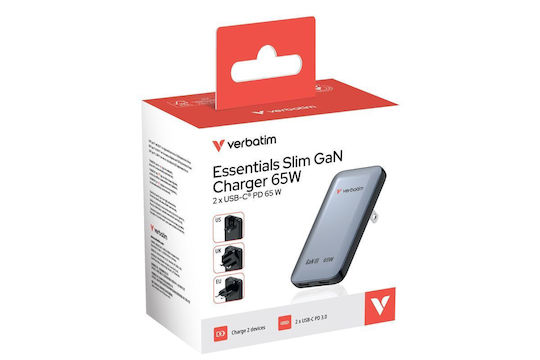 Verbatim Φορτιστής Χωρίς Καλώδιο GaN με 2 Θύρες USB-C 65W Power Delivery Γκρι (Essentials Slim)