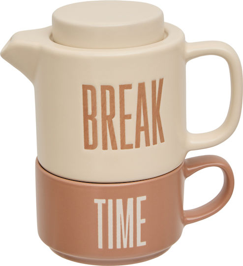 Teapot with Mug and Filter Ceramic Beige 450ml