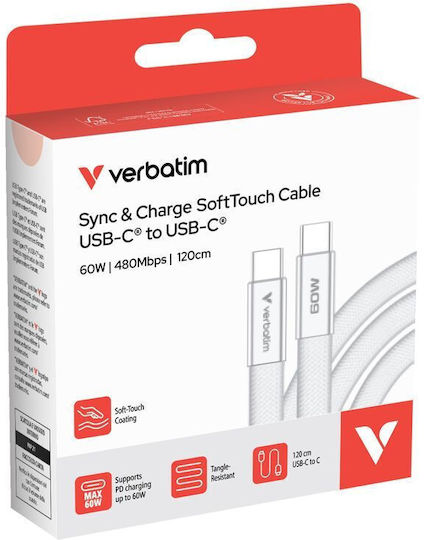 Verbatim Cablu Video USB 2.0 USB-C Masculin - USB-C 60W PD Alb 1.2m 30274