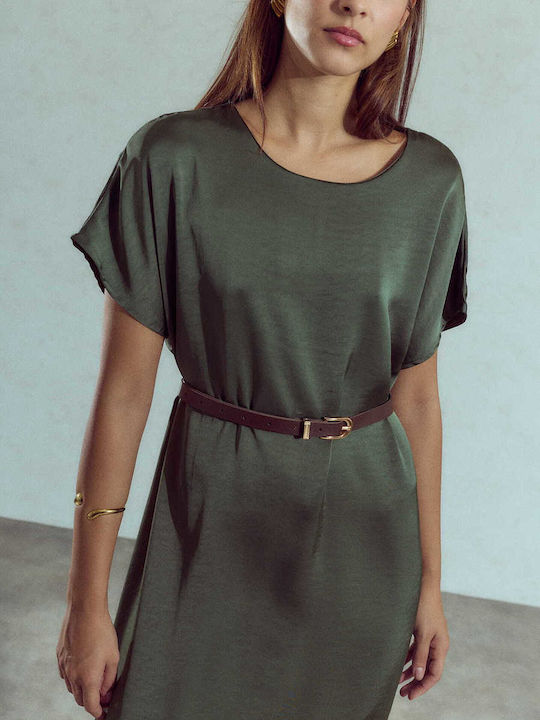 Celestino Women's Midi Satin Belt Khaki Dress