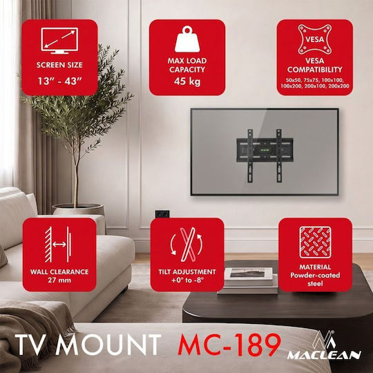 Maclean Energy MC-189 Βάση Τηλεόρασης Τοίχου έως 43" και 45kg Μαύρο