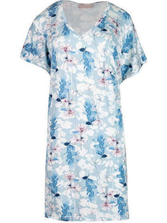 Pink Label Cămașă de noapte de vară din bumbac pentru femei Blue Flowers