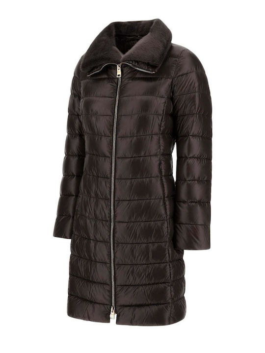 Woven Μακρύ Γυναικείο Puffer Μπουφάν για Χειμώνα Καφέ