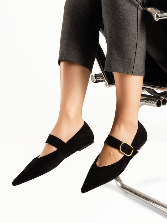 Suede Women's Pointed Toe Black Ballerina Shoes