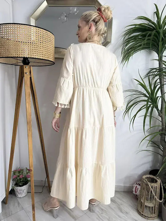 Kaftan Damenbademode Boho Besticktes Creme Kleid Maxilänge Goldene Details B638