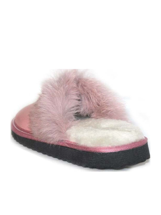 Δερμάτινες Χειμερινές Γυναικείες Παντόφλες Ροζ
