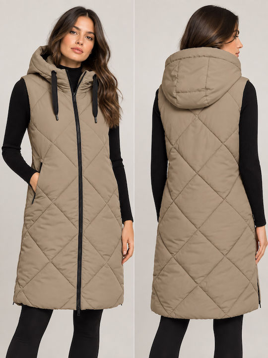 Only Long Women's Sleeveless Jacket for Spring/Autumn Beige