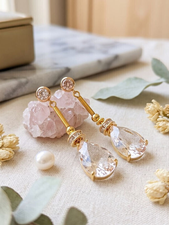 Sk3583 Висящи Обици Прозрачна Кристална Капка и Позлатен Скелет – Grekas Jewelry