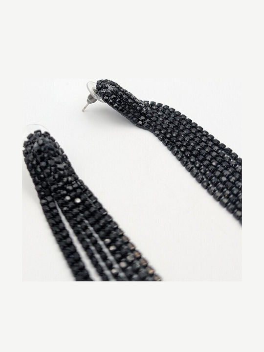 Sk3598 Дълги Statement Обици Водопад Пискюли Черни Кристали – Grekas Jewelry