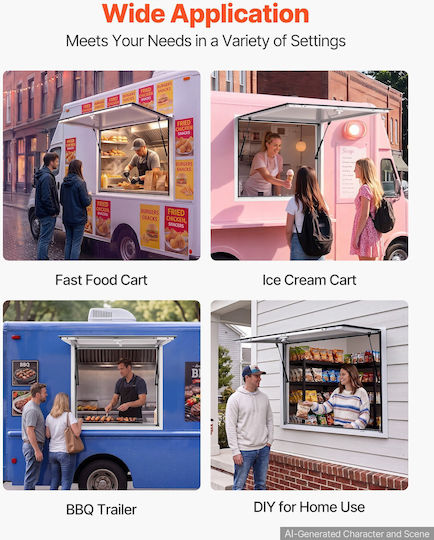 Vevor 915x915mm Service Window Frame Aluminum Alloy Food Truck Service Up To 85 Degrees Door Awning Towing Hook Water Resistant Rain Trailer Service