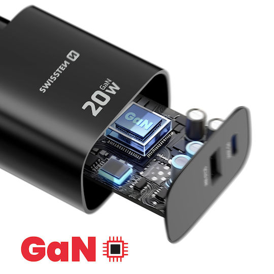 Swissten Зарядно Устройство Без Кабел GaN с USB-A Изходен Порт и USB-C Изходен Порт 20W Power Delivery / Quick Charge 3.0 Черно (Edge)
